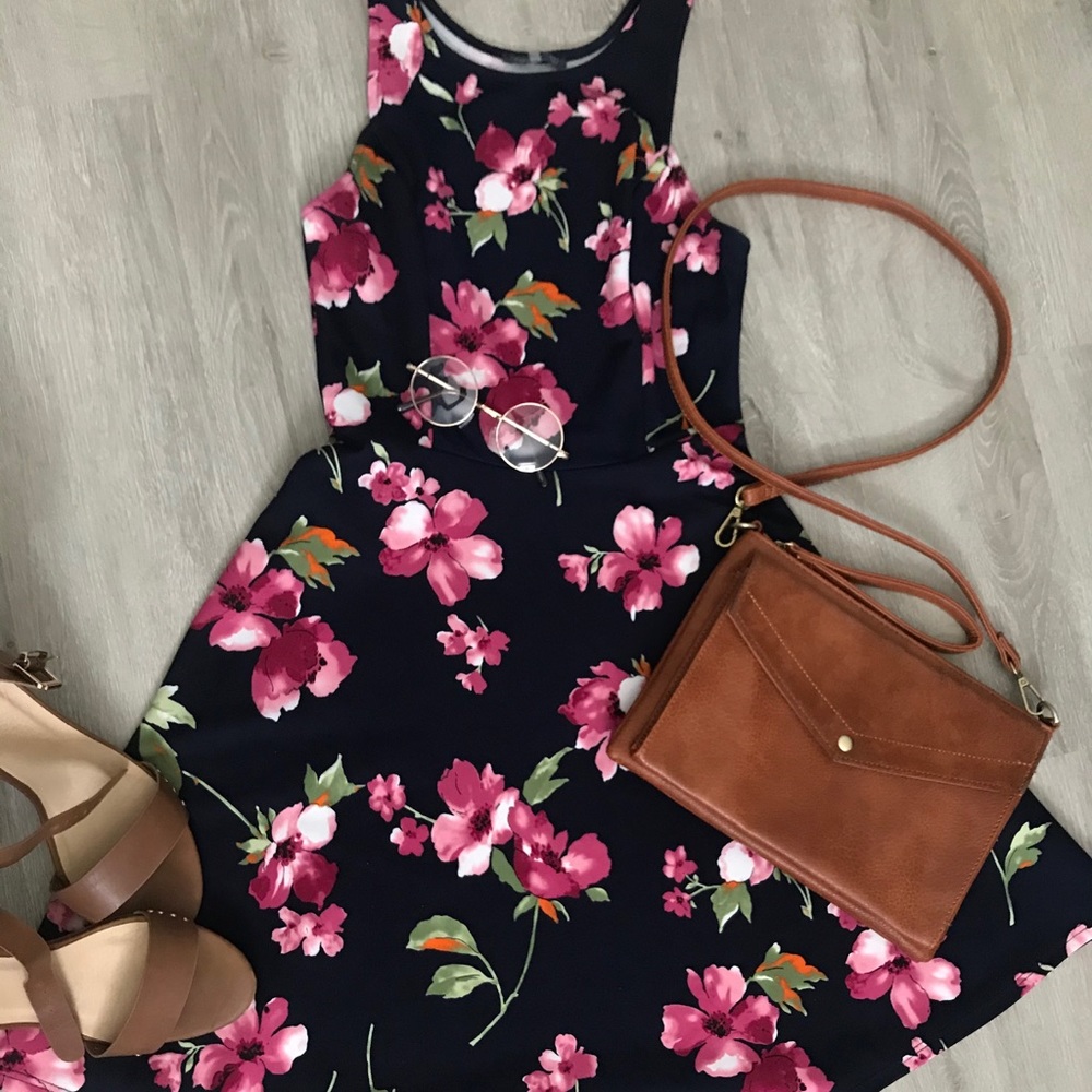 Sleeveless dark navy blue floral dress